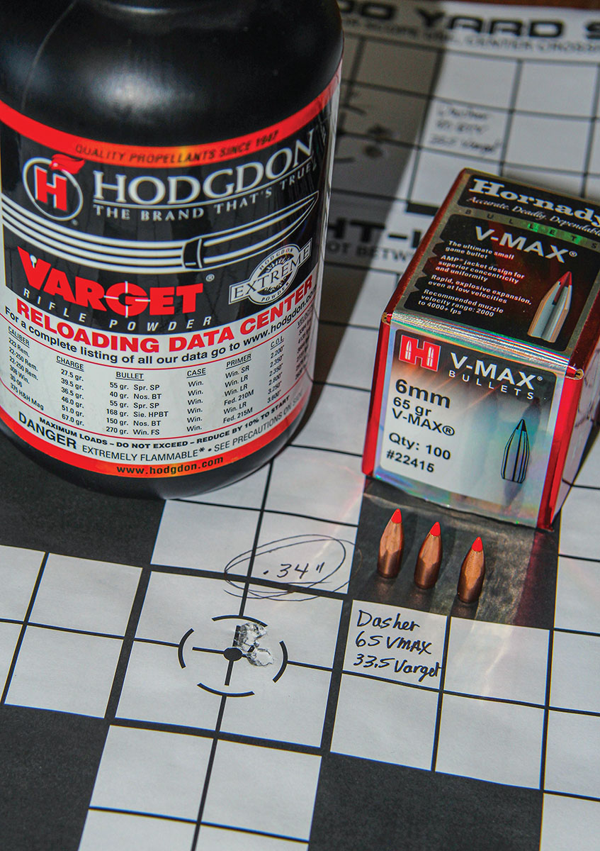 Hornady’s 65-grain V-MAX seated over 33.5 grains of Hodgdon Varget produced this .34-inch group, with a muzzle velocity of 3,266 fps.